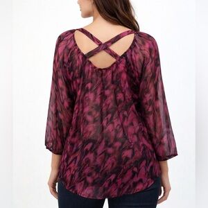Express feather Blouse top MEDIUM magenta pink 3/4 Sleeve Criss Cross back